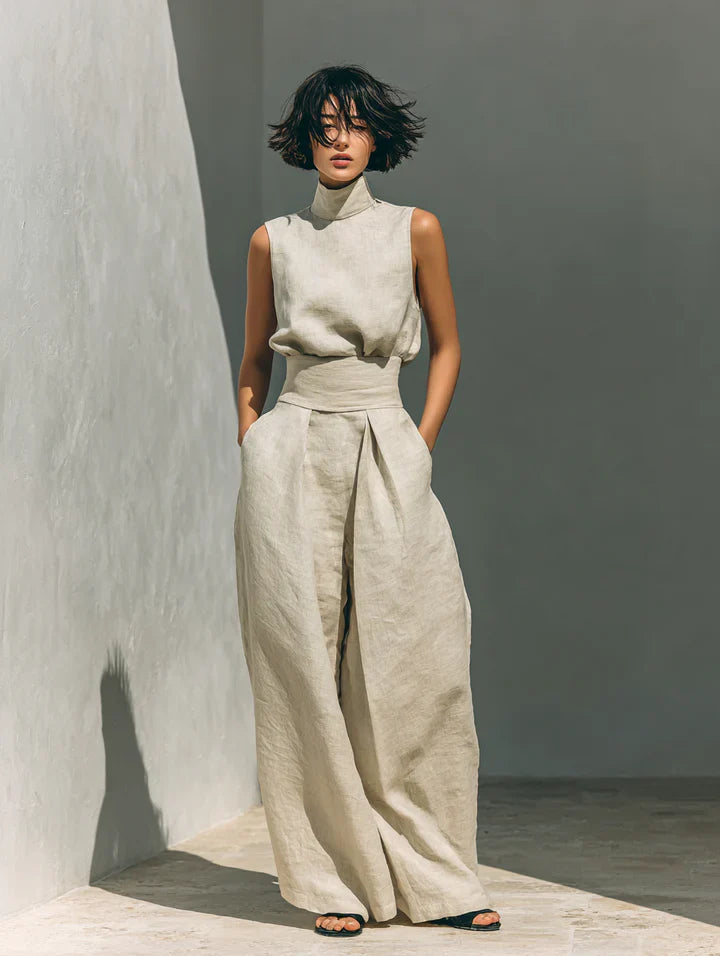 Flor™ | Coordinato minimalista di blusa sin mangas e pantaloni di gamba larga en algodón e lino donna