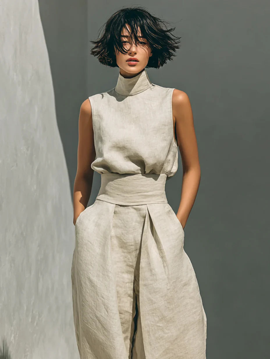 Flor™ | Coordinato minimalista di blusa sin mangas e pantaloni di gamba larga en algodón e lino donna