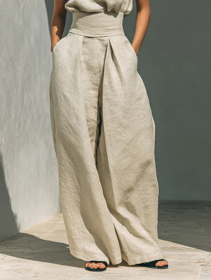 Flor™ | Coordinato minimalista di blusa sin mangas e pantaloni di gamba larga en algodón e lino donna