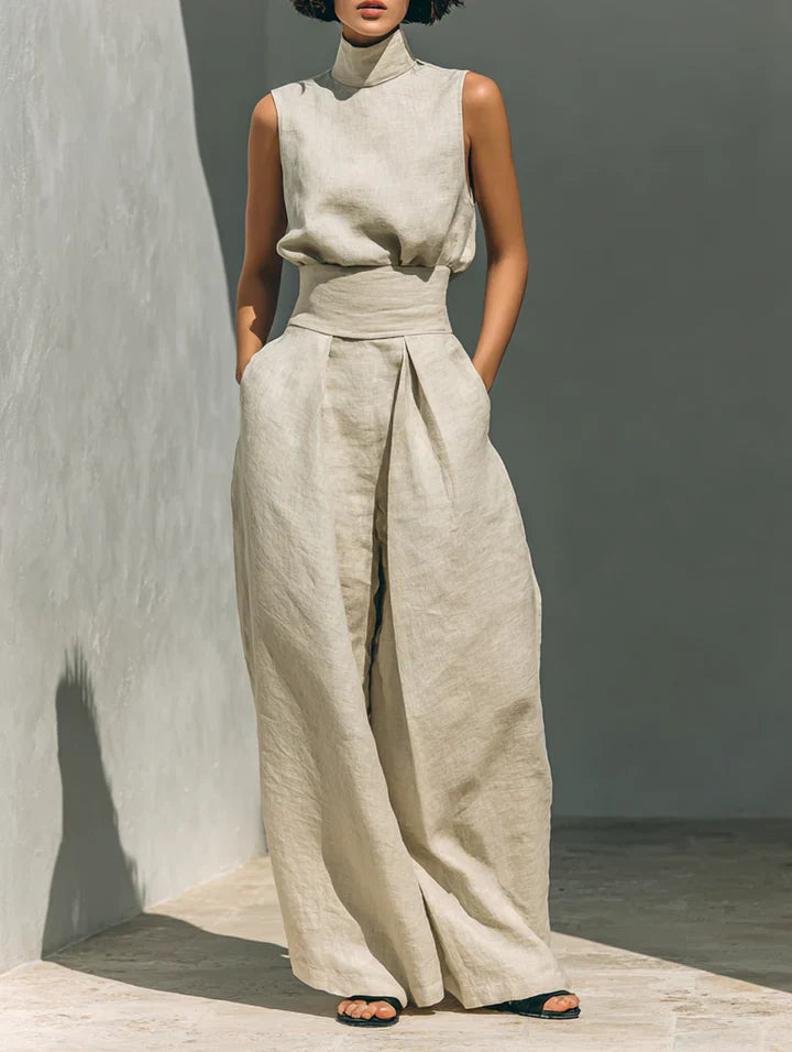 Flor™ | Coordinato minimalista di blusa sin mangas e pantaloni di gamba larga en algodón e lino donna