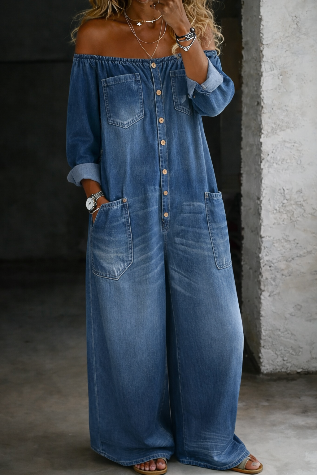 Elena™ | Tuta denim spalle scoperte