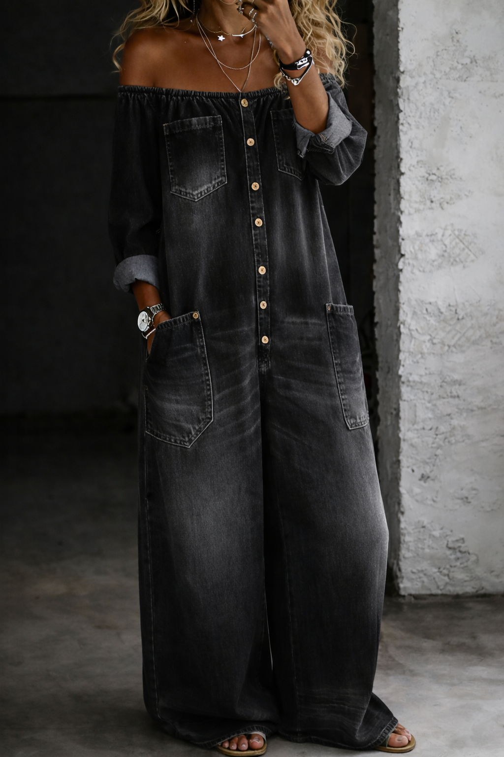 Elena™ | Tuta denim spalle scoperte