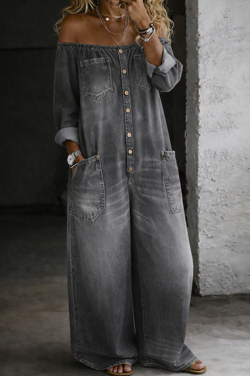 Elena™ | Tuta denim spalle scoperte