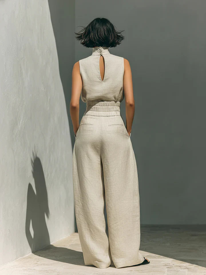 Flor™ | Coordinato minimalista di blusa sin mangas e pantaloni di gamba larga en algodón e lino donna