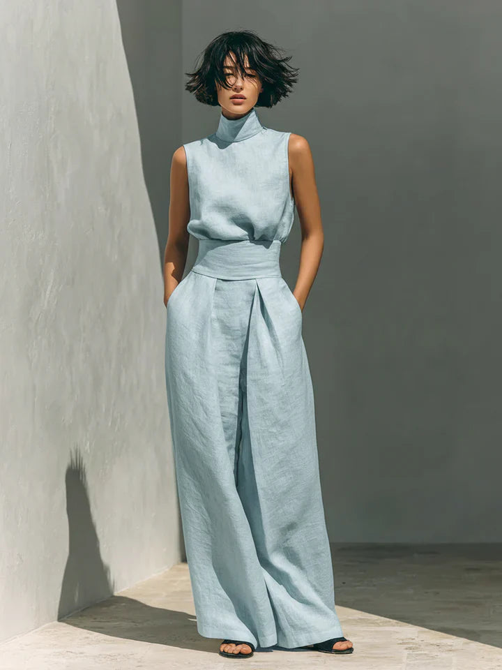 Flor™ | Coordinato minimalista di blusa sin mangas e pantaloni di gamba larga en algodón e lino donna