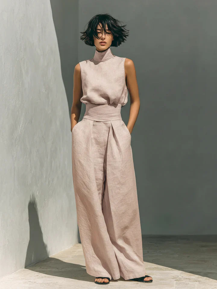 Flor™ | Coordinato minimalista di blusa sin mangas e pantaloni di gamba larga en algodón e lino donna