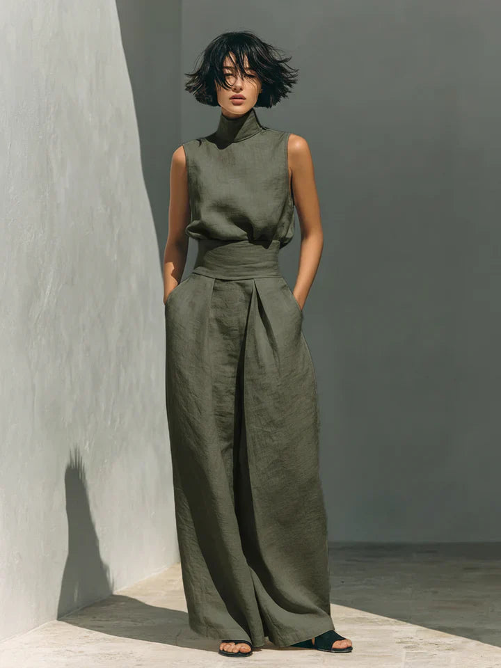 Flor™ | Coordinato minimalista di blusa sin mangas e pantaloni di gamba larga en algodón e lino donna