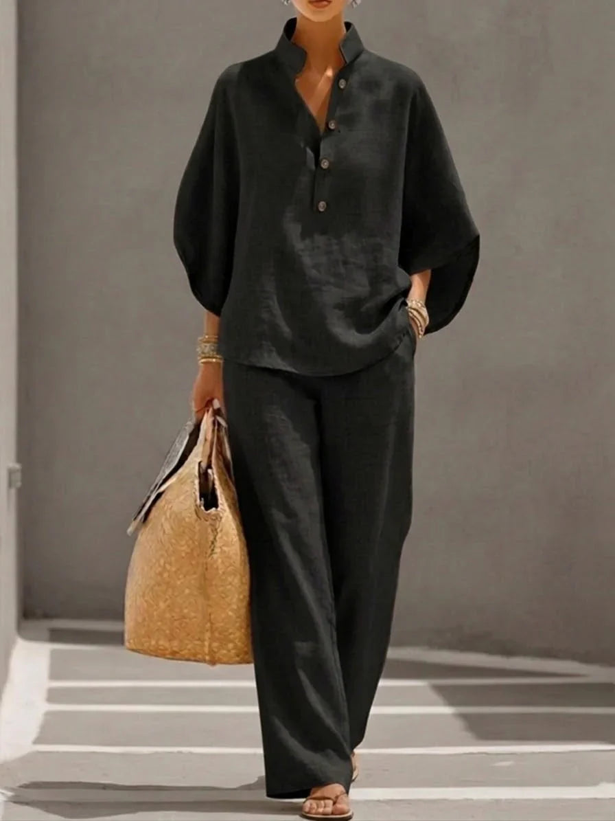 Maribel™ | Coordinato lino con maniche a pipistrello e pantaloni larghi