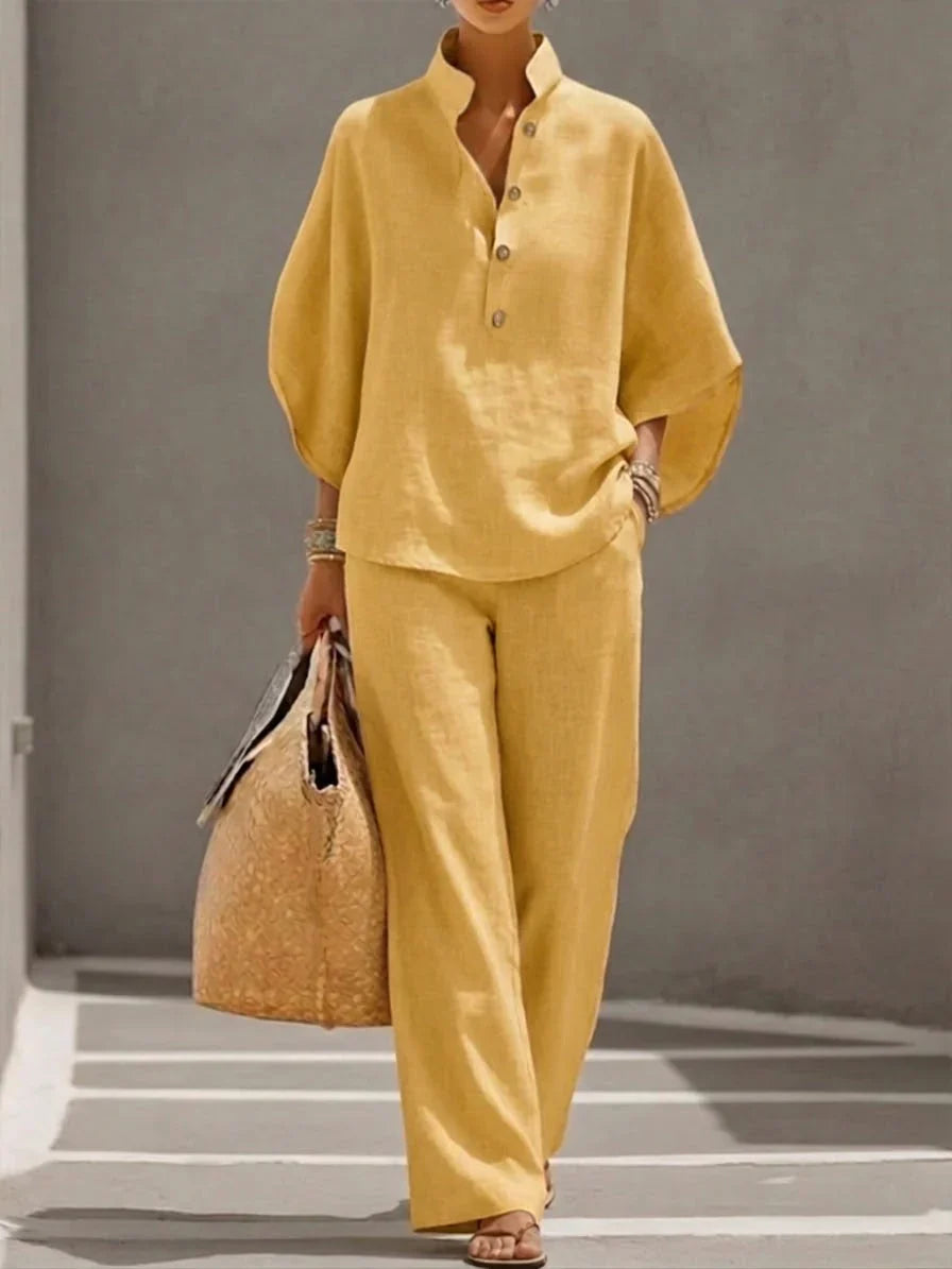 Maribel™ | Coordinato lino con maniche a pipistrello e pantaloni larghi