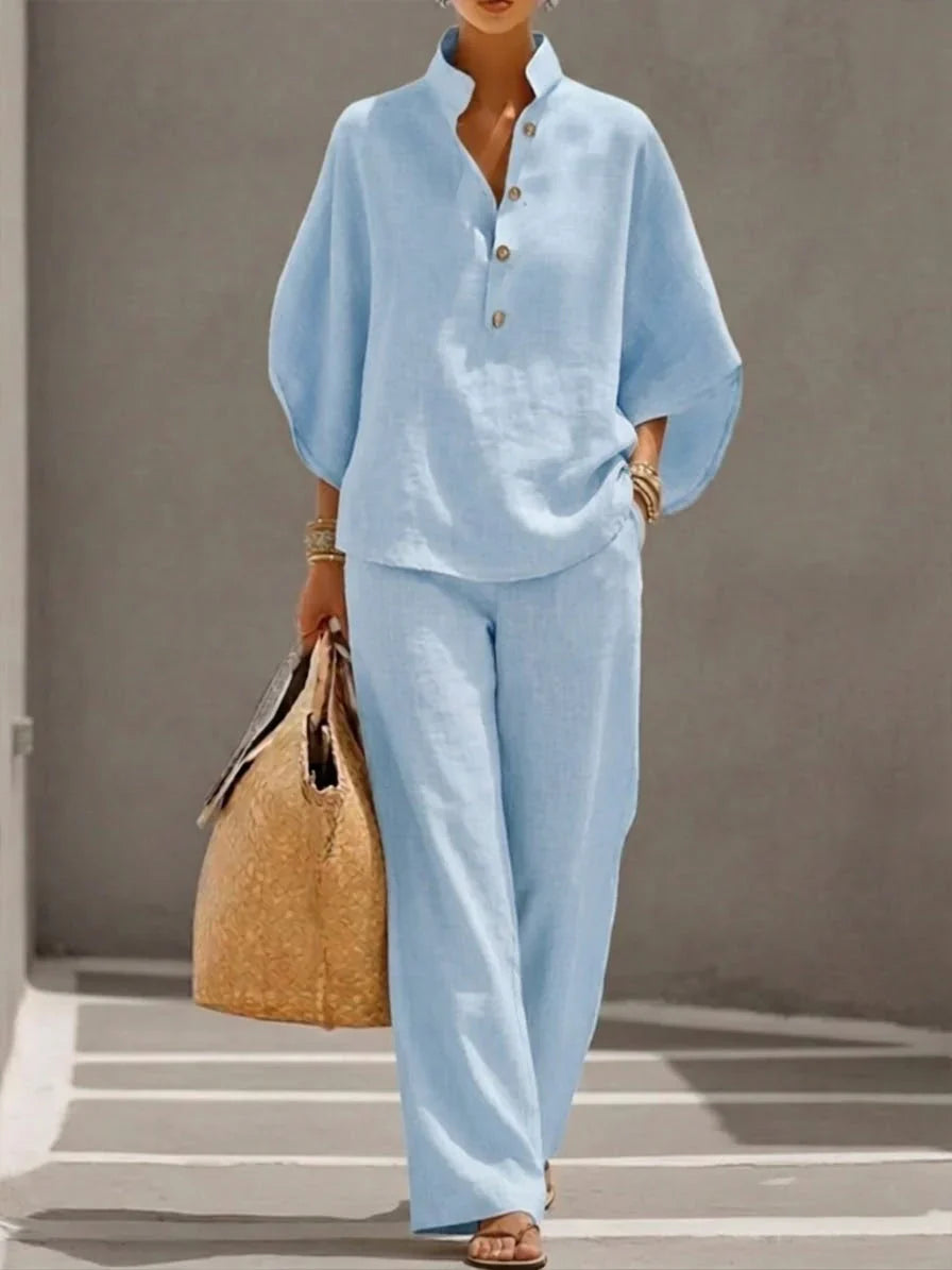 Maribel™ | Coordinato lino con maniche a pipistrello e pantaloni larghi