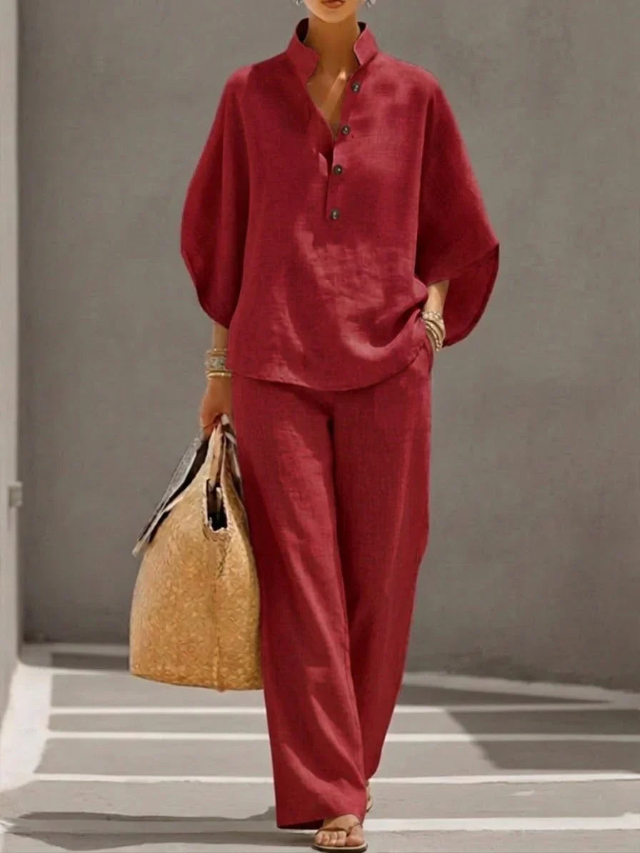 Maribel™ | Coordinato lino con maniche a pipistrello e pantaloni larghi