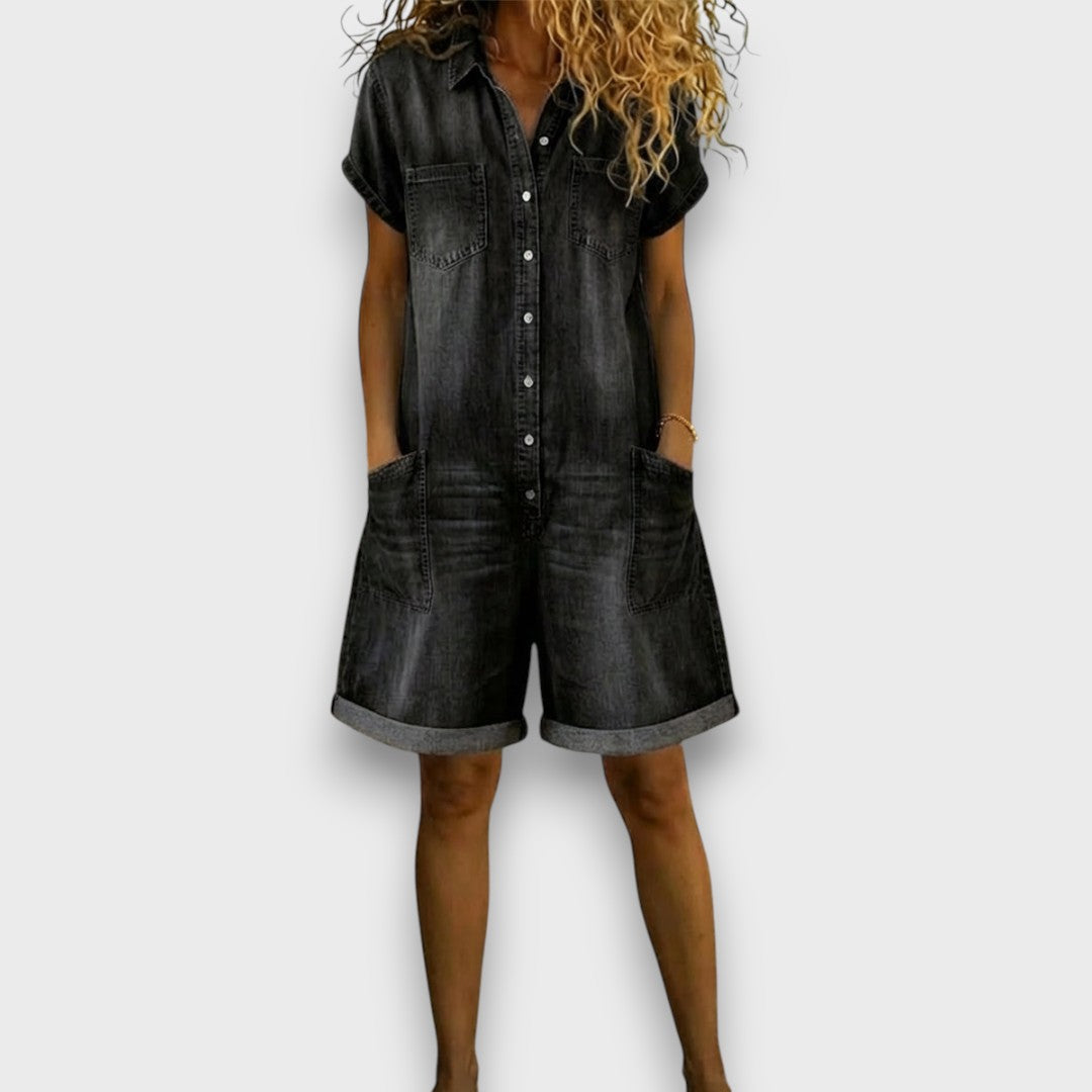 Joan™ | Salopette corta in cotone effetto denim
