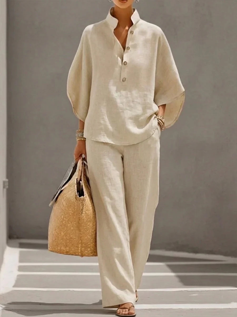 Maribel™ | Coordinato lino con maniche a pipistrello e pantaloni larghi