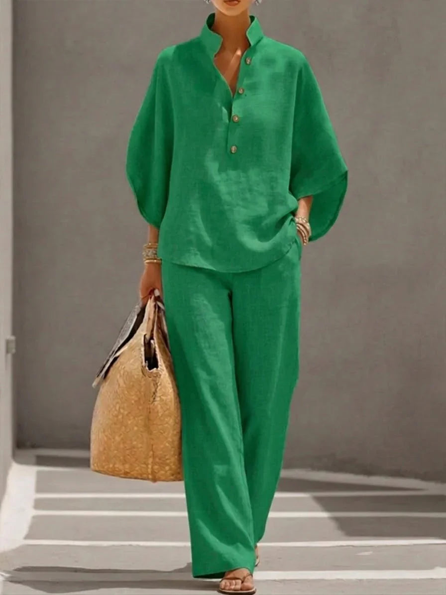 Maribel™ | Coordinato lino con maniche a pipistrello e pantaloni larghi